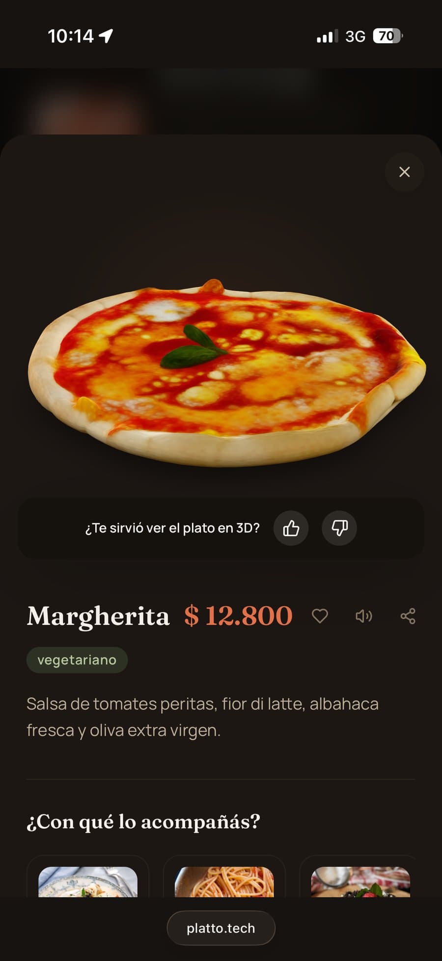 A pizza page with its 3D model in Platto