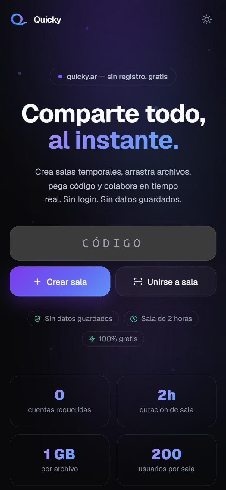 Quicky's landing page on a phone, with the code field and the create-room button