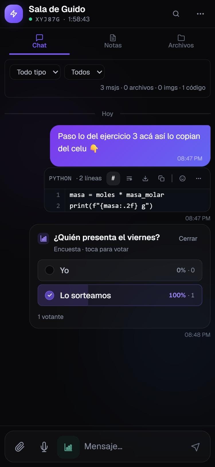 A Quicky room with a message, a code block and a poll